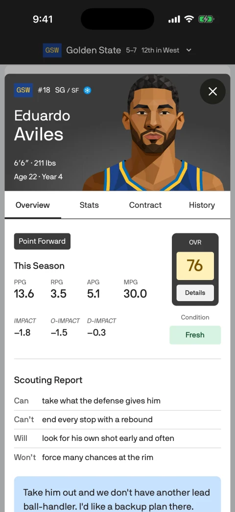 Player overview with a scouting report and career statistics