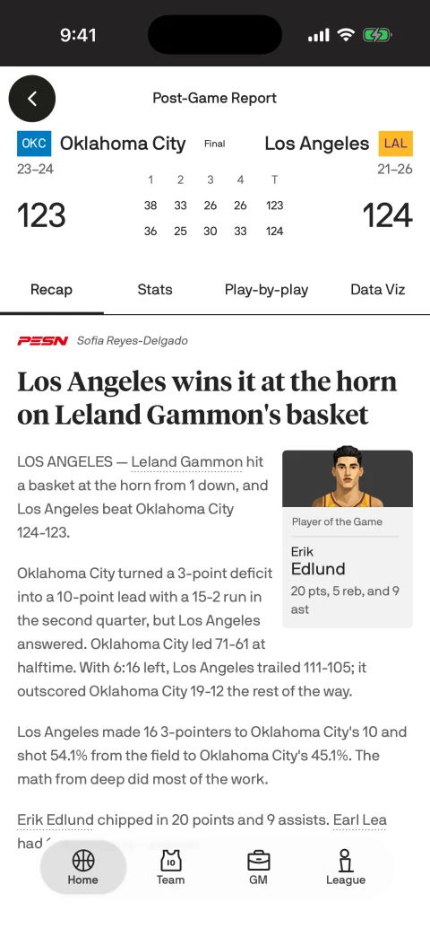 A post-game report with a PESN story about a game-winning basket