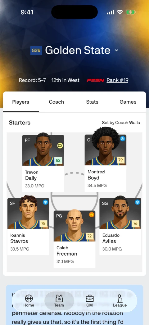 A roster overview with player portraits, positions, and contract details