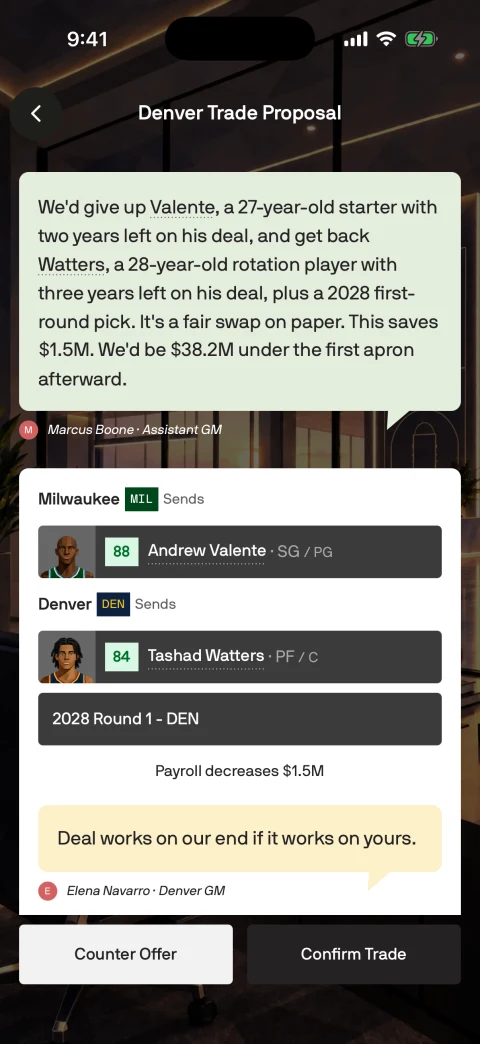 A private staff message discussing a trade proposal from Denver